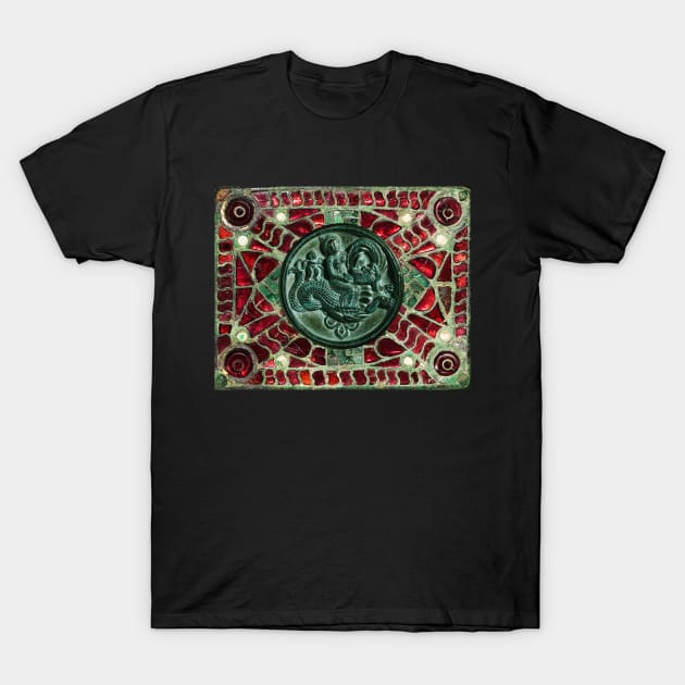 NEREID AND CHERUB RIDING A SEA DRAGON WITH RED GREEN MOTHER OF PEARLS T-Shirt by BulganLumini